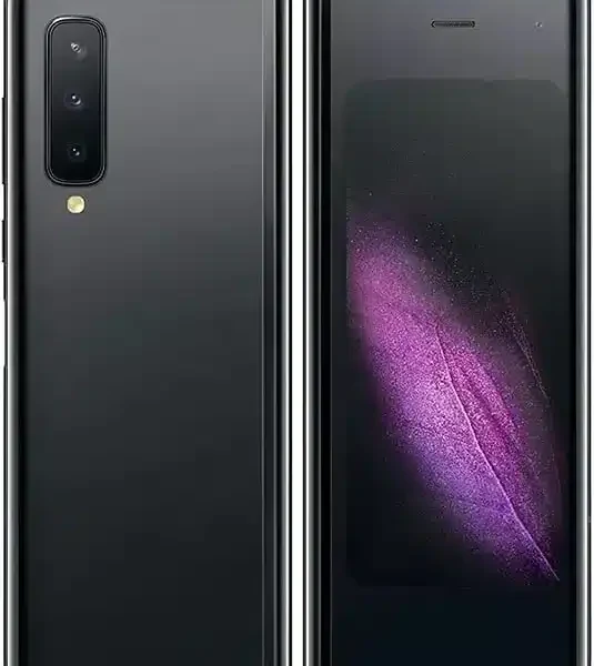 A person holding open the Samsung Galaxy Fold 5G, displaying its expansive foldable screen.