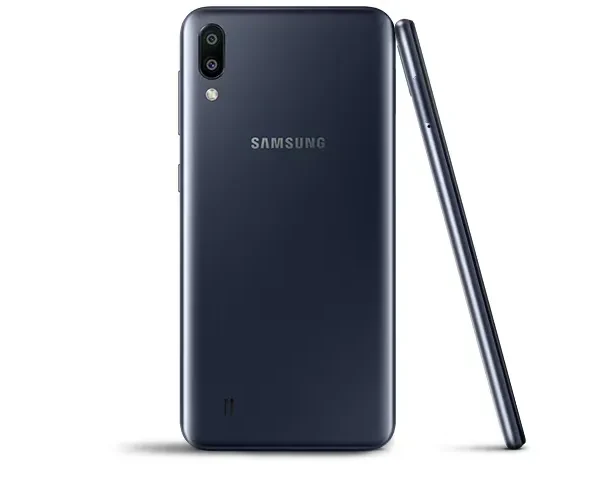 A sleek Samsung Galaxy M10s smartphone with a vibrant display and slim design