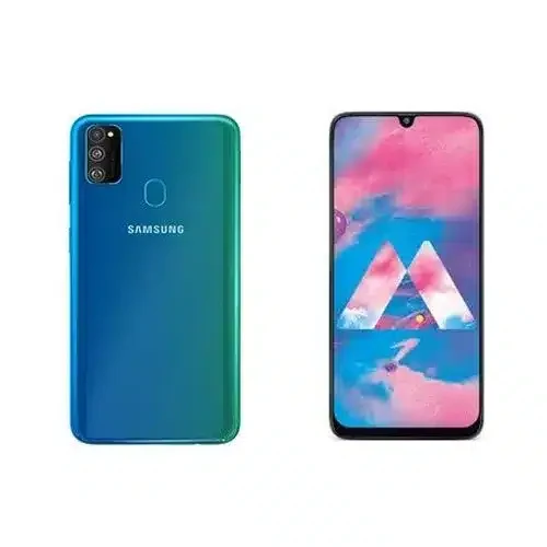A sleek Samsung Galaxy M30 smartphone with a vibrant display.