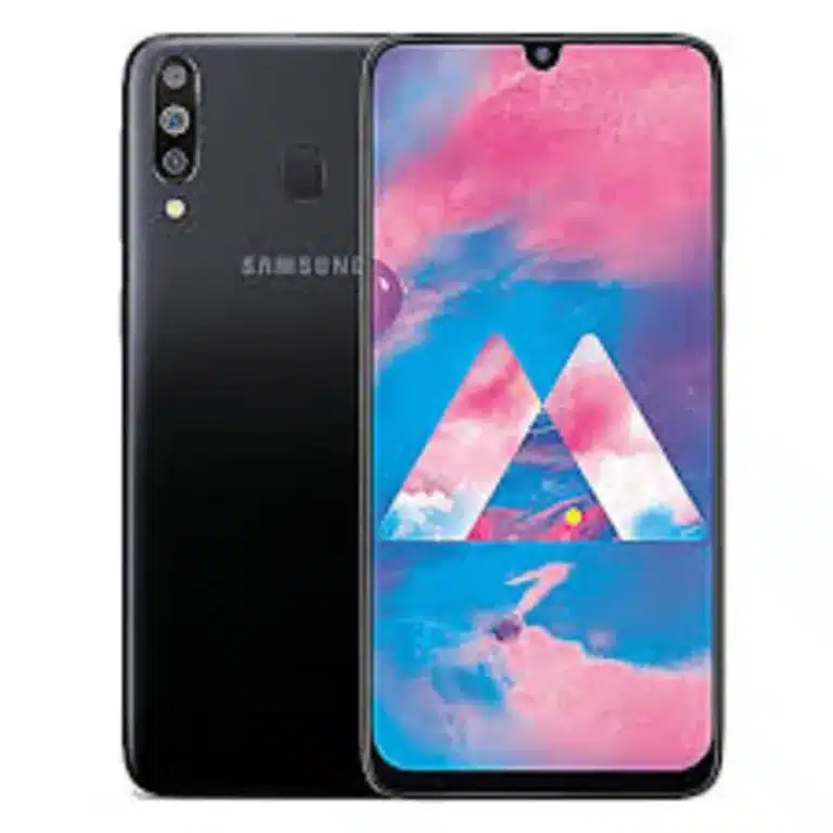 A sleek Samsung Galaxy M30 smartphone with a vibrant display.