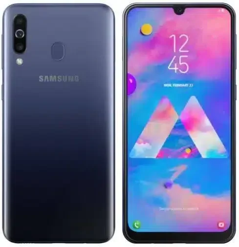 A sleek Samsung Galaxy M30 smartphone with a vibrant display.