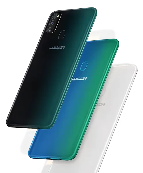 A sleek Samsung Galaxy M30 smartphone with a vibrant display.