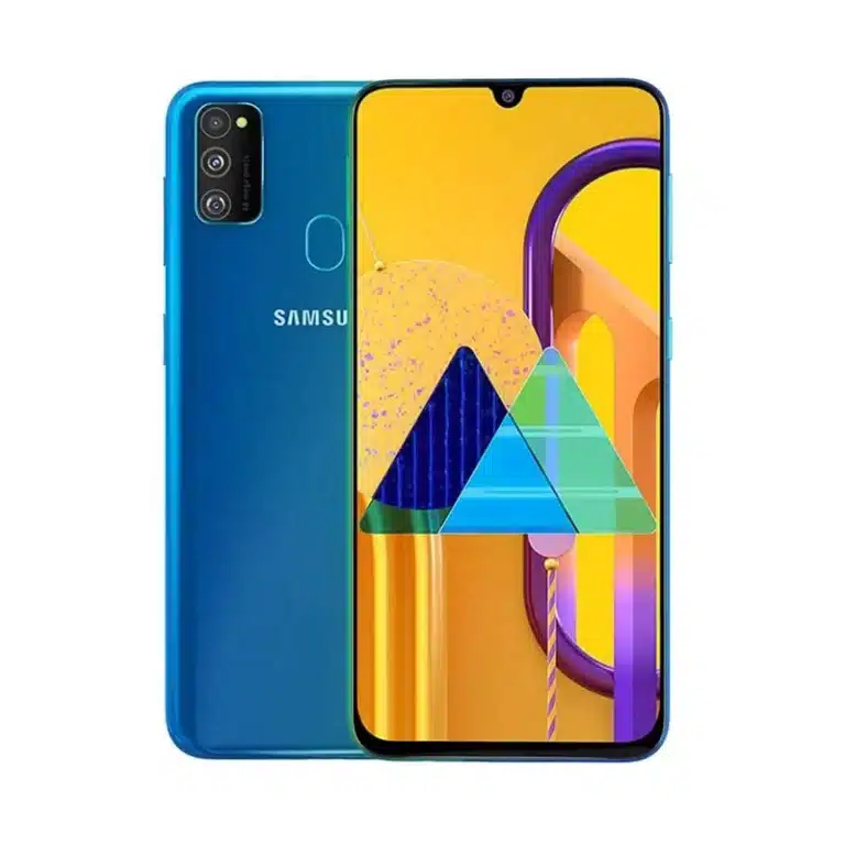 Samsung Galaxy M30s A sleek black smartphone resting on a reflective surface with a vibrant display.