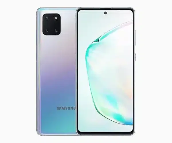 A person's hand holding a sleek Samsung Galaxy Note10 Lite with a stylus hovering over the screen.