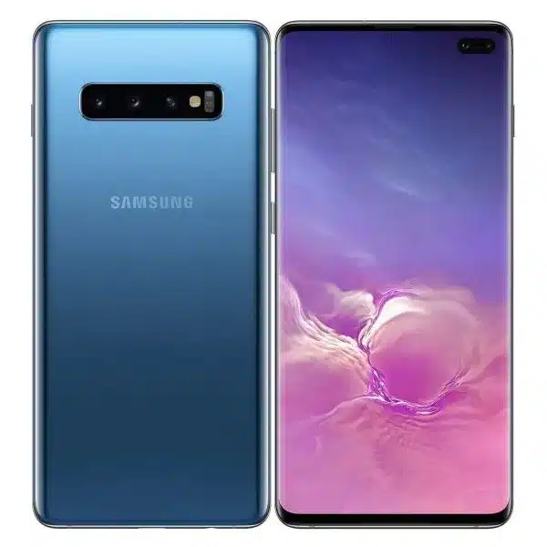 A sleek Samsung Galaxy S10 smartphone resting on a reflective surface.