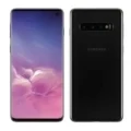 A sleek Samsung Galaxy S10 smartphone resting on a reflective surface.