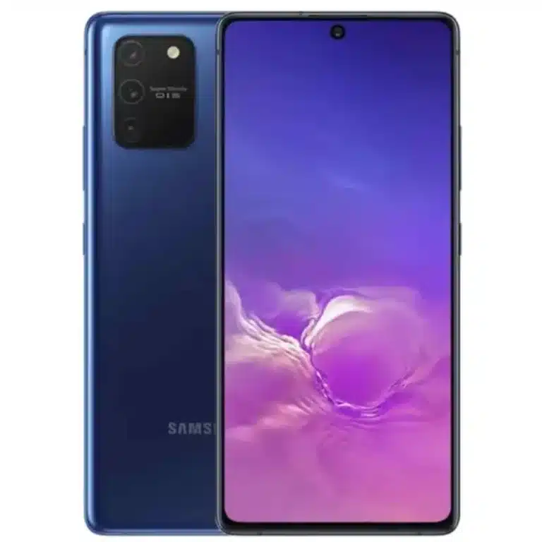 Samsung Galaxy S10 Lite A sleek smartphone resting on a reflective surface, displaying its vibrant screen and camera module.