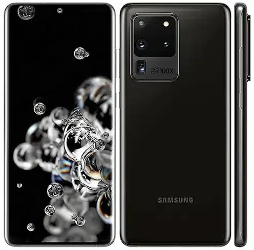 Samsung Galaxy S20 Ultra 5G smartphone featuring its sleek design and powerful camera system, captured in high resolution for detailed viewing.