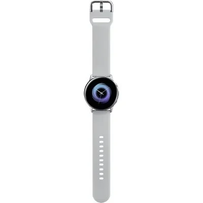 A sleek Samsung Galaxy Watch Active on a wrist, displaying a vibrant touchscreen interface.