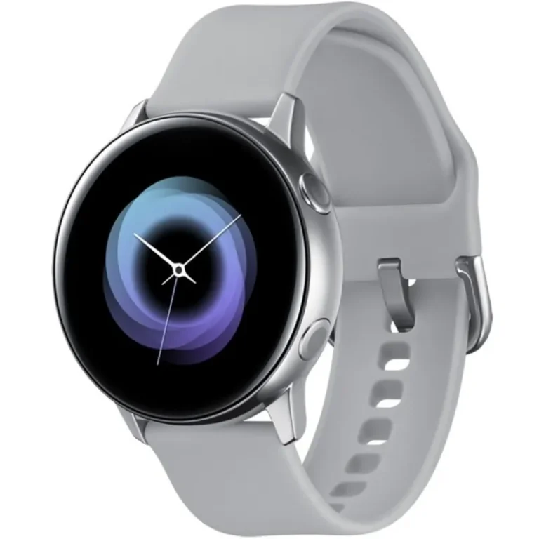 A sleek Samsung Galaxy Watch Active on a wrist, displaying a vibrant touchscreen interface.