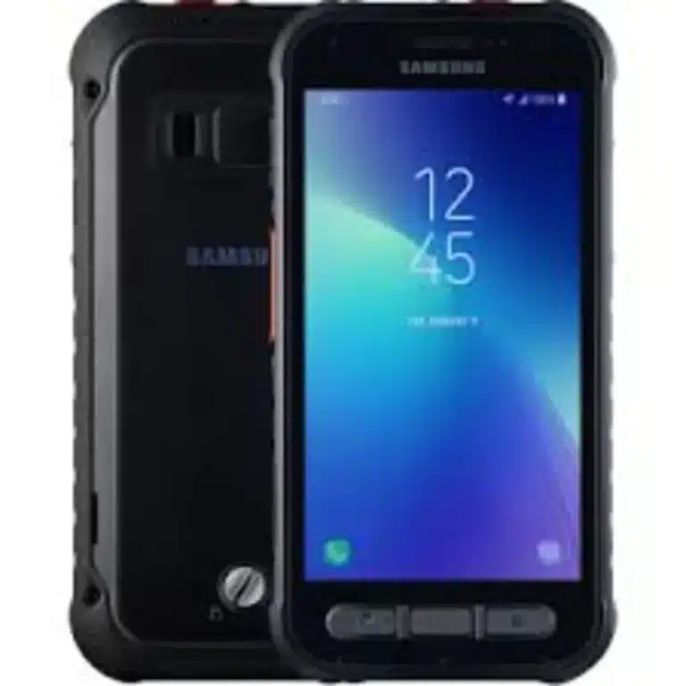 Samsung Galaxy Xcover FieldPro A rugged smartphone, Samsung Galaxy Xcover FieldPro, held in hand against a rocky background.