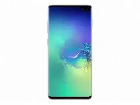 A sleek black Samsung Galaxy S10+ lying on a reflective surface.