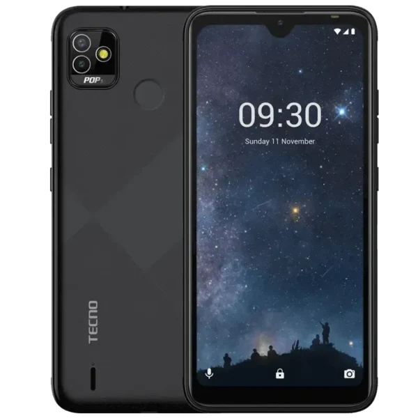 Image of the Tecno Pop 5 smartphone, highlighting its compact design and bright display