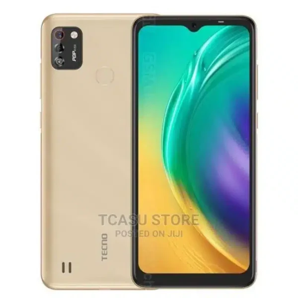 Front and back view of the Tecno Pop 5X smartphone, showcasing its sleek design and vibrant display