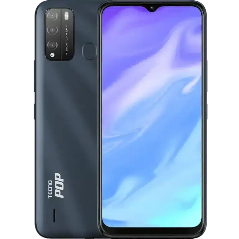 Tecno Pop 5X Front and back view of the Tecno Pop 5X smartphone, showcasing its sleek design and vibrant display