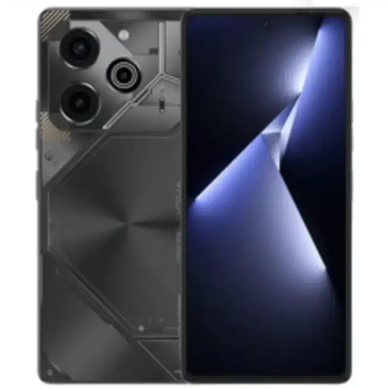 Image of the Tecno Pova 6 smartphone featuring a large display, thin bezels, and a quad-camera setup on the back.