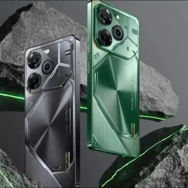 Image of the Tecno Pova 6 smartphone featuring a large display, thin bezels, and a quad-camera setup on the back.