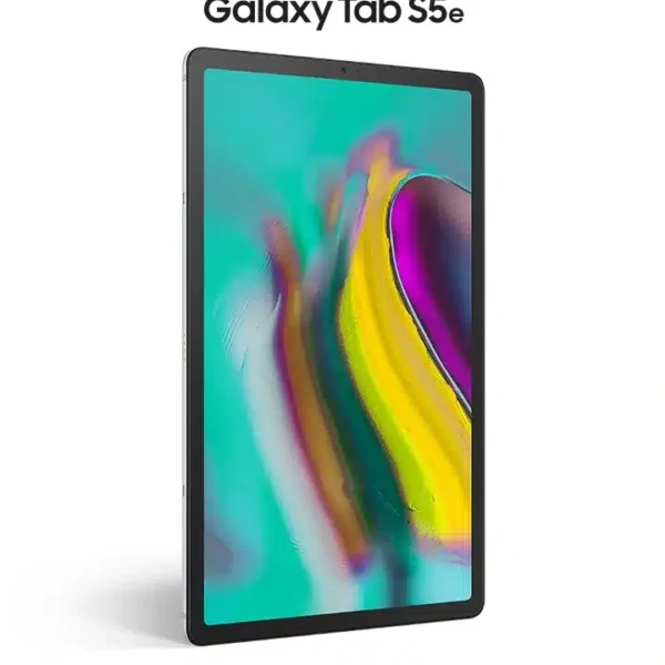 A sleek black Samsung Galaxy Tab S5e resting on a wooden table with a blurred background.