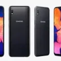 Samsung Galaxy A10 smartphone on a sleek surface with vibrant display