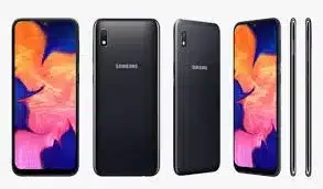 Samsung Galaxy A10 smartphone on a sleek surface with vibrant display