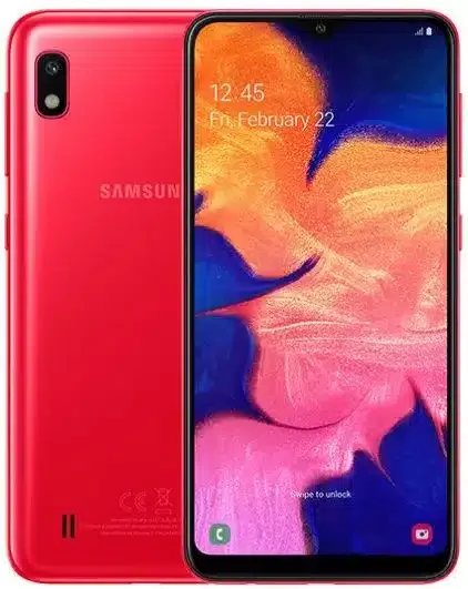Samsung Galaxy A10 smartphone on a sleek surface with vibrant display