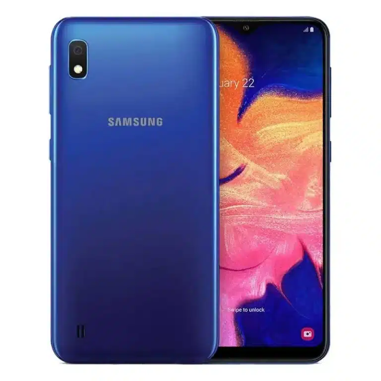 Samsung Galaxy A10 smartphone on a sleek surface with vibrant display