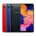 Samsung Galaxy A10 smartphone on a sleek surface with vibrant display