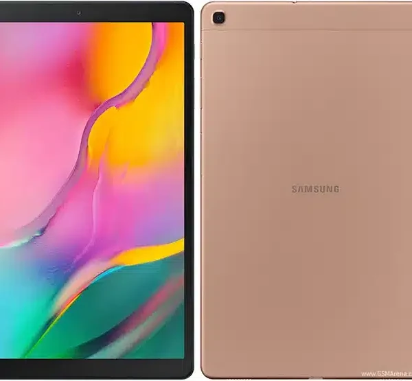 A sleek Samsung Galaxy Tab A 10.1 (2019) resting on a wooden table.