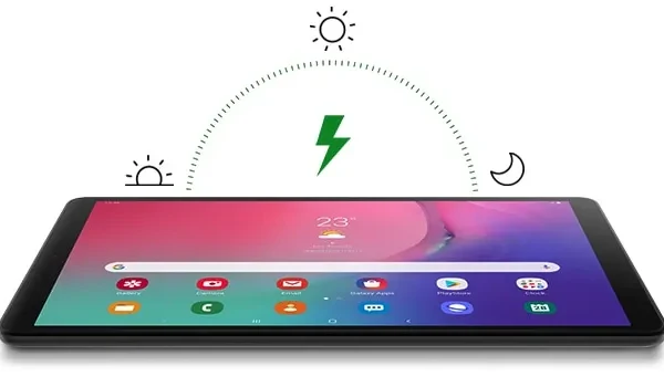 A sleek Samsung Galaxy Tab A 10.1 (2019) resting on a wooden table.