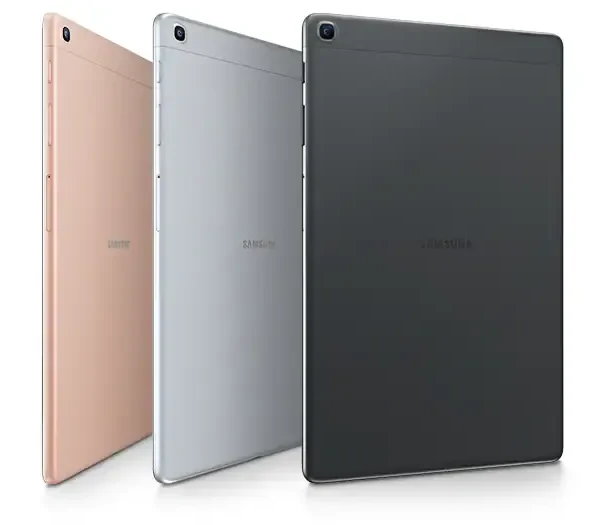 A sleek Samsung Galaxy Tab A 10.1 (2019) resting on a wooden table.