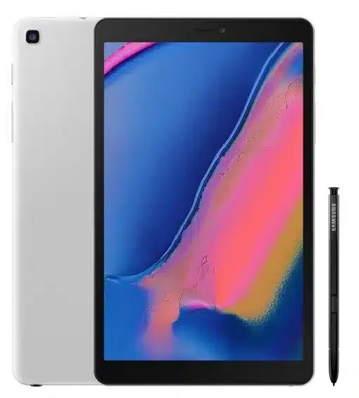 A person holding a Samsung Galaxy Tab A 8.0 with S Pen, using the stylus to draw on the screen.