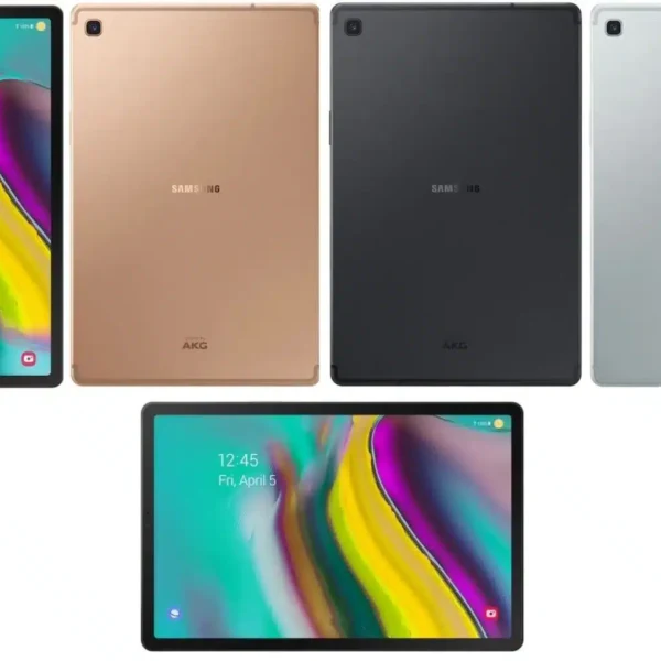 A sleek black Samsung Galaxy Tab S5e resting on a wooden table with a blurred background.