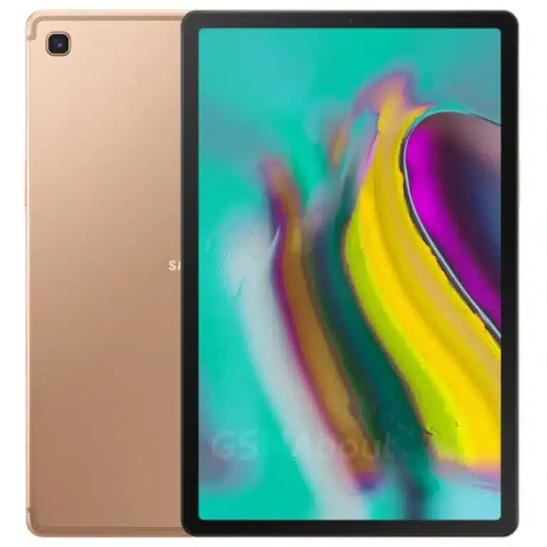 A sleek black Samsung Galaxy Tab S5e resting on a wooden table with a blurred background.