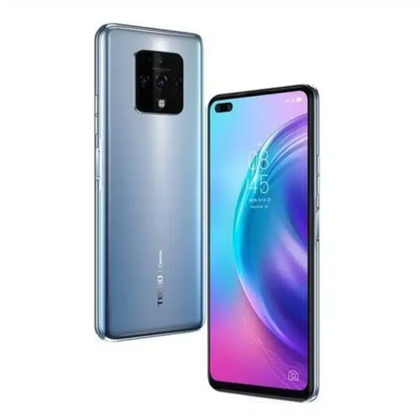 A Tecno Camon 16 Premier smartphone featuring a large screen with dual front camera cutouts and a sophisticated rear quad-camera setup.