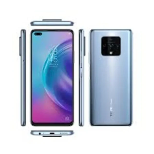 A Tecno Camon 16 Premier smartphone featuring a large screen with dual front camera cutouts and a sophisticated rear quad-camera setup.
