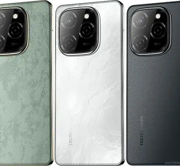 Front and back view of the Tecno Spark 20 Pro 5G smartphone, featuring a sleek gradient design, large display with a central punch-hole camera, and a triple-camera setup on the back.