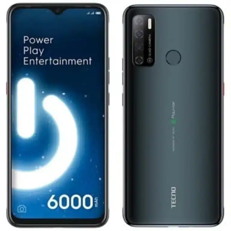 A sleek Tecno Spark Power 2 smartphone with a large 7-inch display and quad-camera setup, showcased against a gradient background.