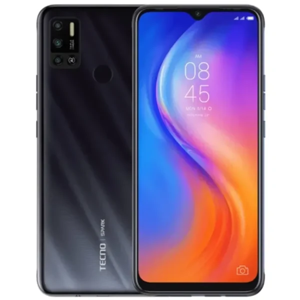 Image of the Tecno Spark 6 Air smartphone, highlighting its large display and triple-camera setup with a sleek black finish.