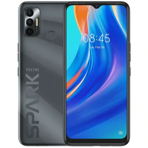 Image of the Tecno Spark 7 smartphone, highlighting its modern design and large display.