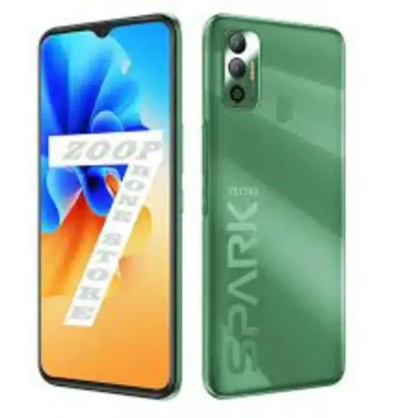 Image of the Tecno Spark 7 smartphone, highlighting its modern design and large display.