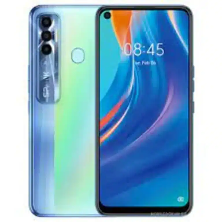 Front and back view of the Tecno Spark 7 Pro smartphone with a vibrant screen and triple camera setup.