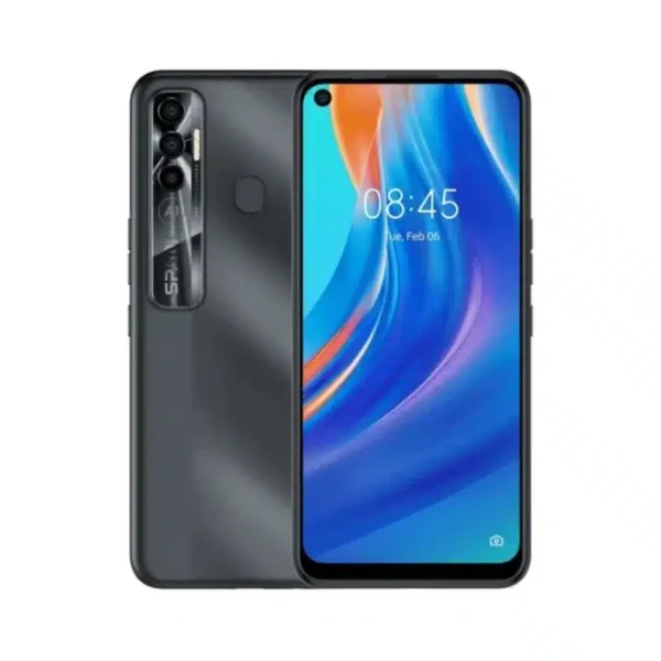Front and back view of the Tecno Spark 7 Pro smartphone with a vibrant screen and triple camera setup.