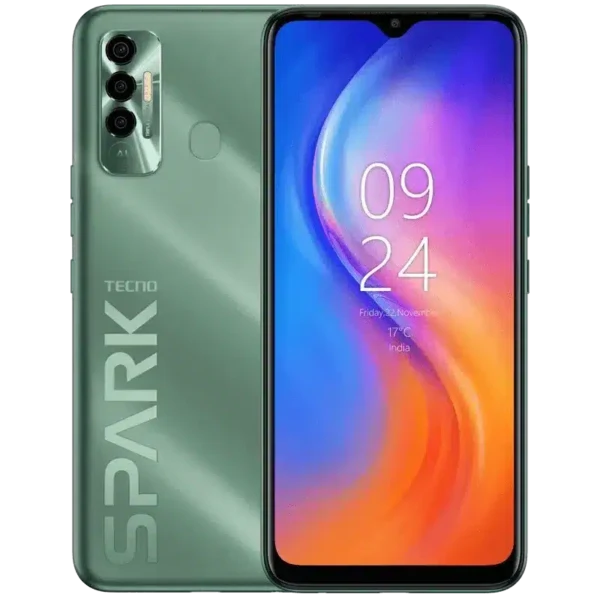 Image of the Tecno Spark 7P smartphone, displaying its sleek design and vibrant screen
