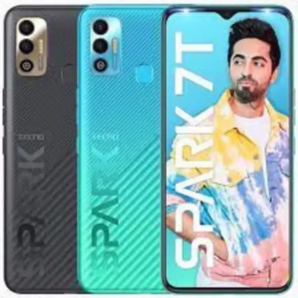 Tecno Spark 7T smartphone with a 6.52-inch display, 48MP AI dual-camera, and 6000mAh battery.