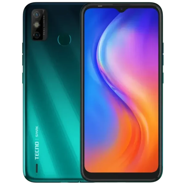 Tecno Spark 6 Go smartphone with a vibrant 6.52-inch display and dual rear cameras, showcasing its sleek design and affordable functionality