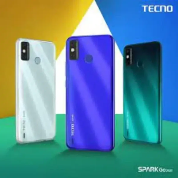 Image of the Tecno Spark Go 2020 smartphone, showcasing its large 6.52-inch display, dual rear camera, and sleek design