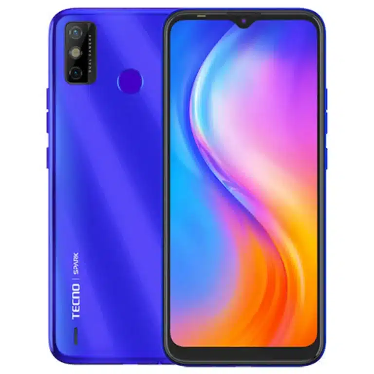 Image of the Tecno Spark Go 2020 smartphone, showcasing its large 6.52-inch display, dual rear camera, and sleek design