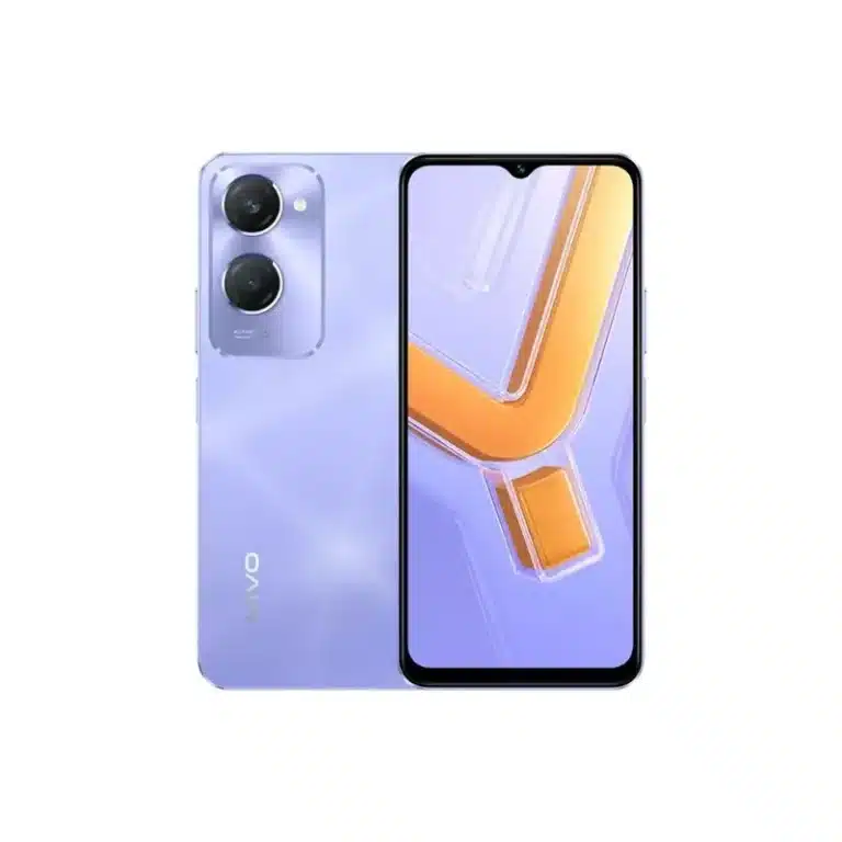 A close-up image of the Vivo Y28s smartphone showcasing its sleek design, large HD+ display, and dual rear cameras.