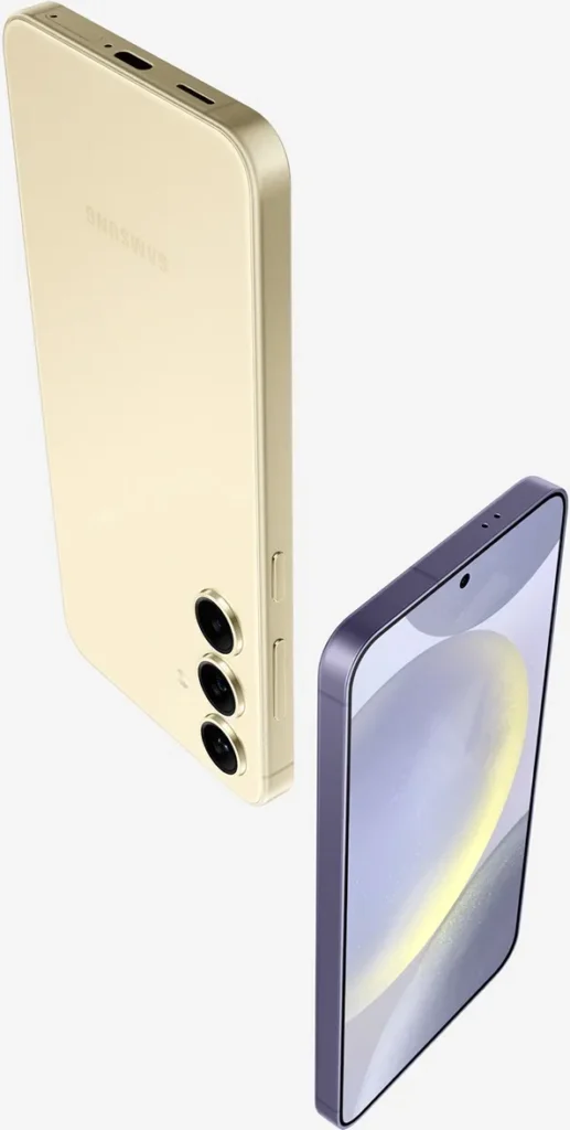 Galaxy S24 Plus in Cobalt Violet is seen from the front and Galaxy S24 in Amber Yellow is seen from the rear.