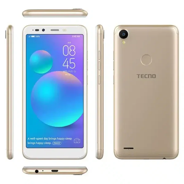 Front view of the Tecno Pop 1s smartphone, showing its 5.5-inch display and stylish design.